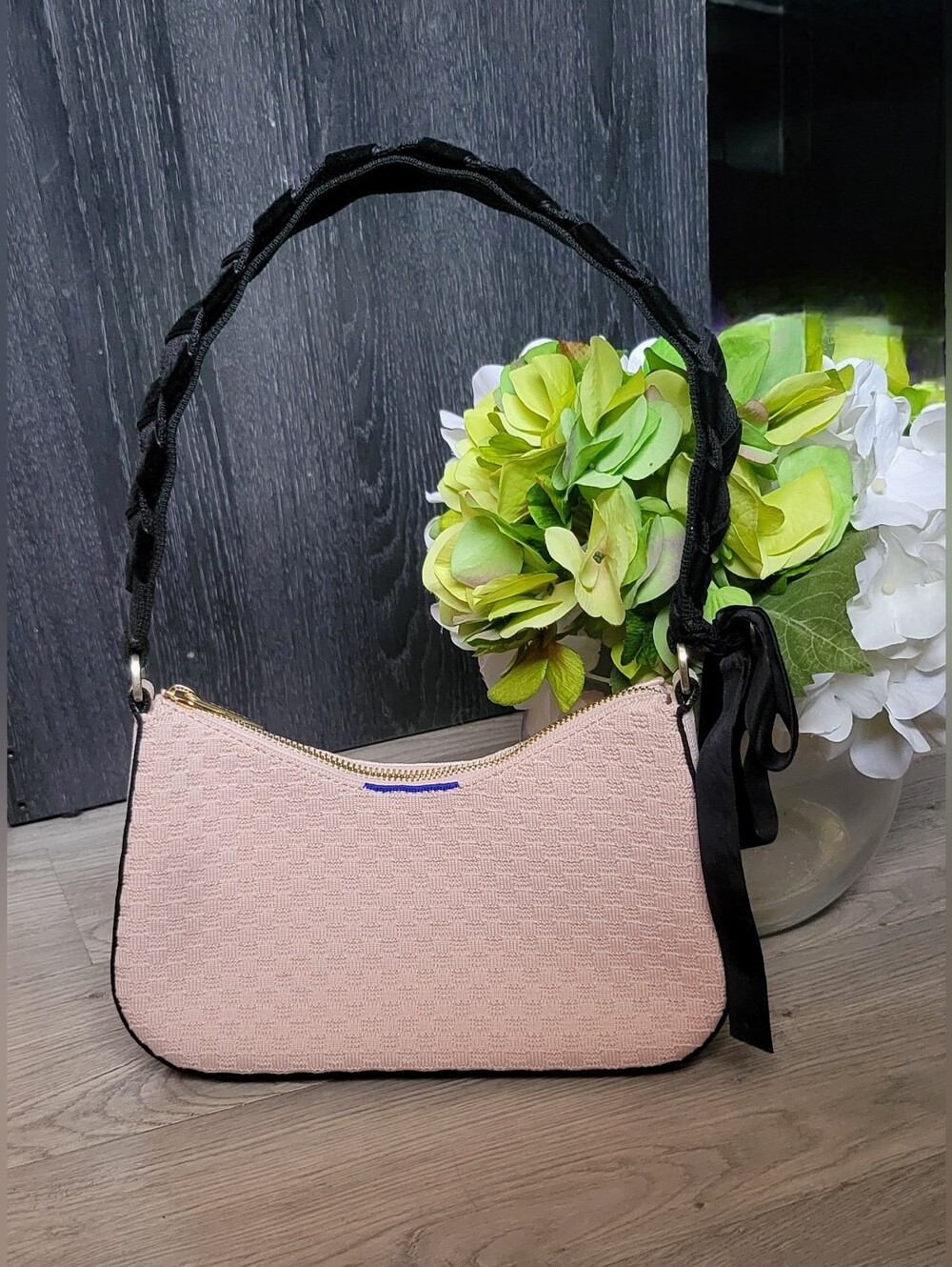 Rothy's The Mini Shoulder Bag in Ballerina Bow Pink & Black Velvet, 13.5" x 10" - Picture 14 of 16